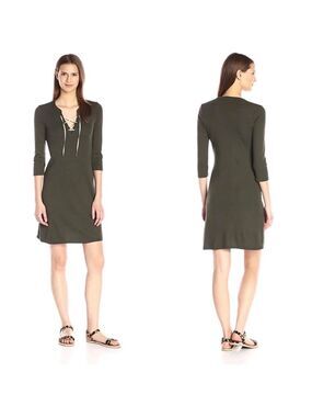 Three Dots Elna Lace-Up A-Line Dress Olive Green Jersey Size Medium